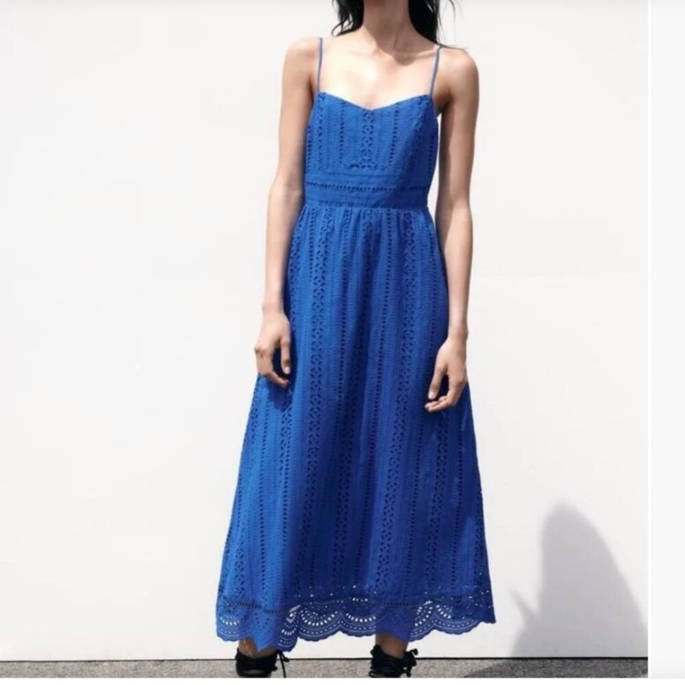 Zara The Melody Blue Cutwork Strappy Maxi Dress